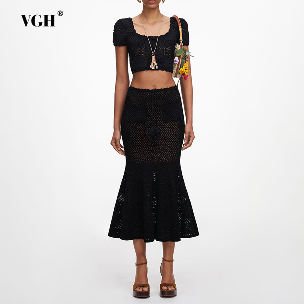 Crop Top Crochet - VGH Black 3D Floral Hollow Knit